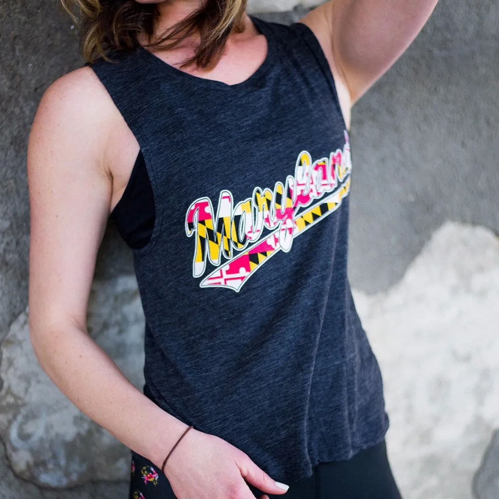 "Maryland" Jersey Script with Maryland Flag (Black Slub) / Ladies Flowy Scoop Muscle Tank