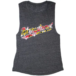 "Maryland" Jersey Script with Maryland Flag (Black Slub) / Ladies Flowy Scoop Muscle Tank