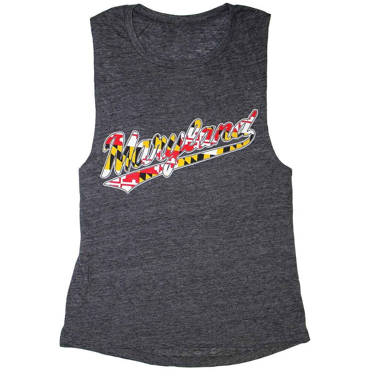 "Maryland" Jersey Script with Maryland Flag (Black Slub) / Ladies Flowy Scoop Muscle Tank
