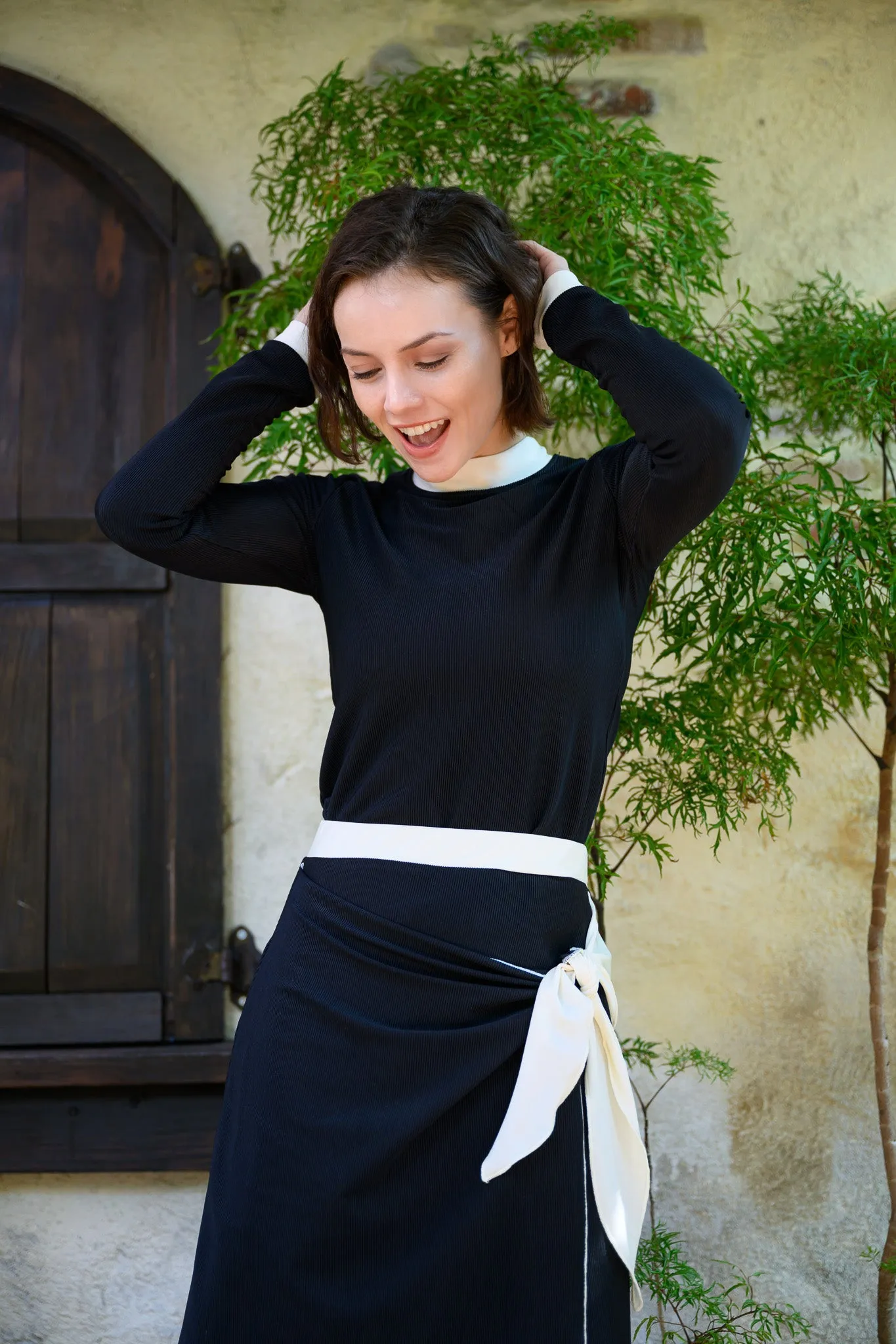 Ribbed Black & Ivory Sarong Swim Skirt