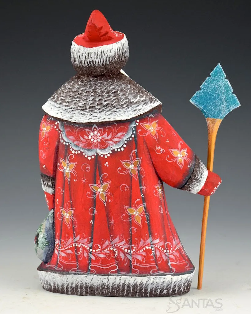 Russian Red Scenic Santa with Staff and Small Gift Bag
