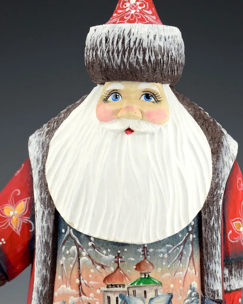 Russian Red Scenic Santa with Staff and Small Gift Bag