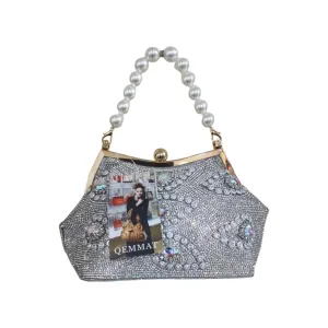 Silver Crystal And Pearl Clutch