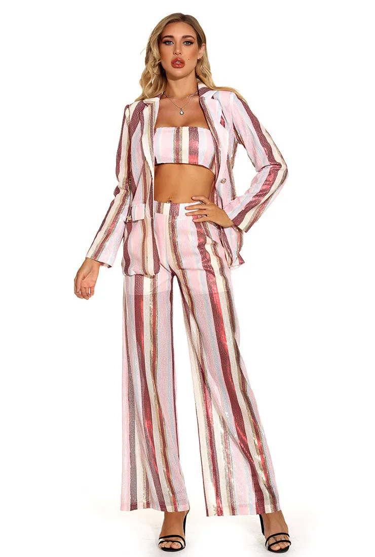Spring Stripe Casual Blazer Three-piece Suit