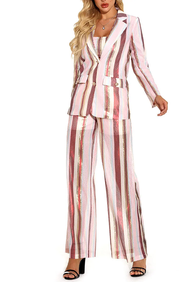 Spring Stripe Casual Blazer Three-piece Suit