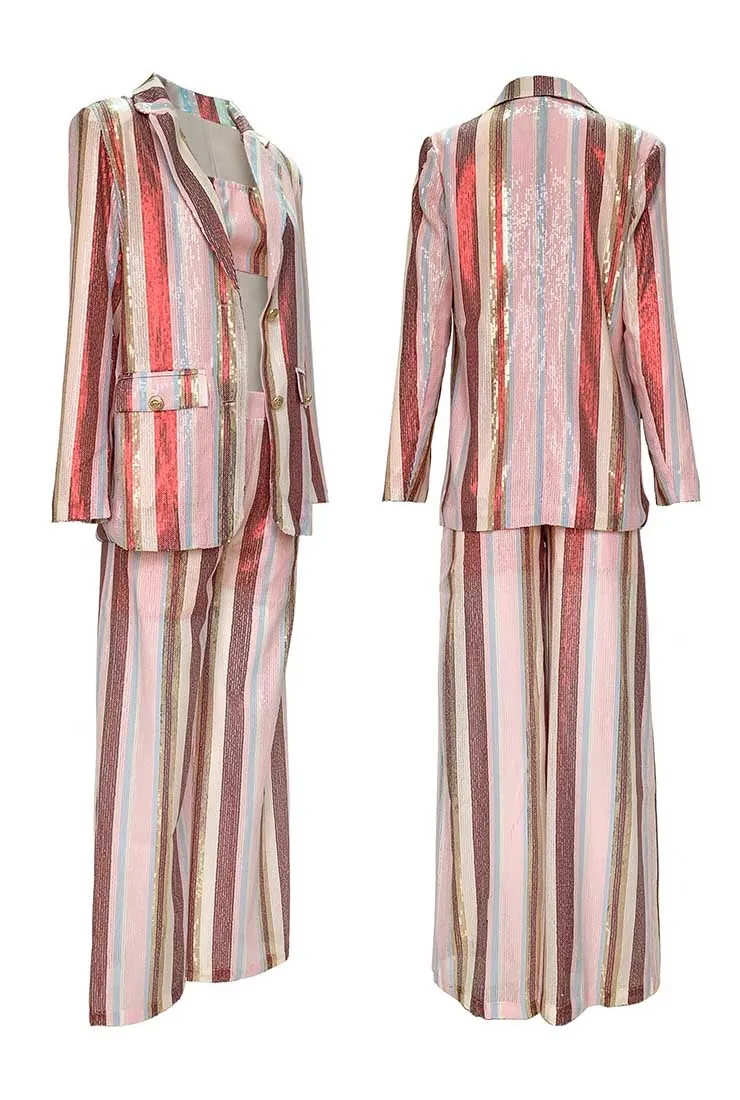 Spring Stripe Casual Blazer Three-piece Suit