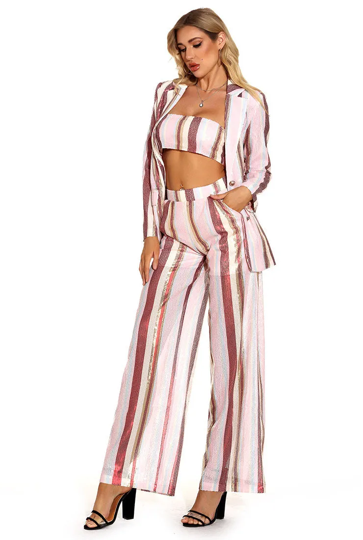 Spring Stripe Casual Blazer Three-piece Suit