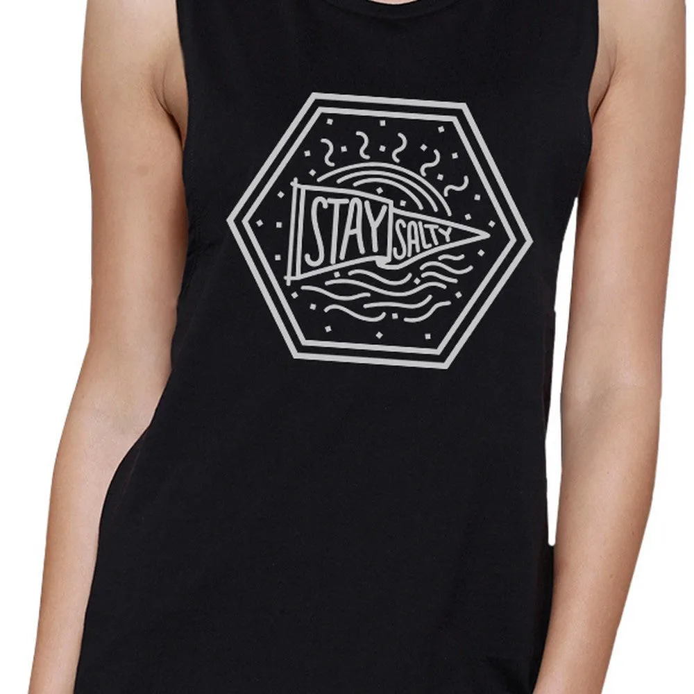 Stay Salty Womens Black Graphic Muscle Top Round Neck Graphic Tanks