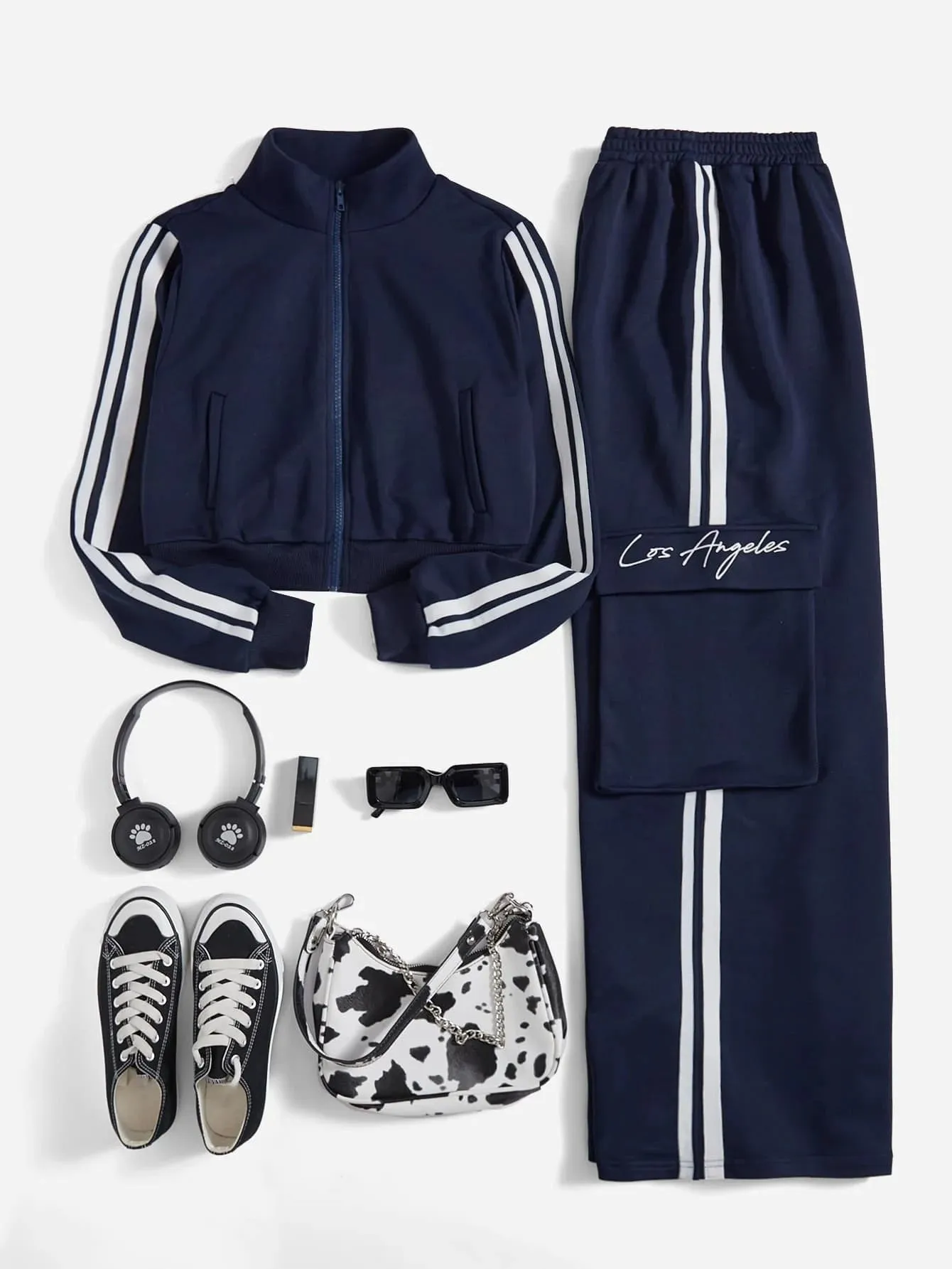Striped Jacket And Flap Pocket Cargo Pants