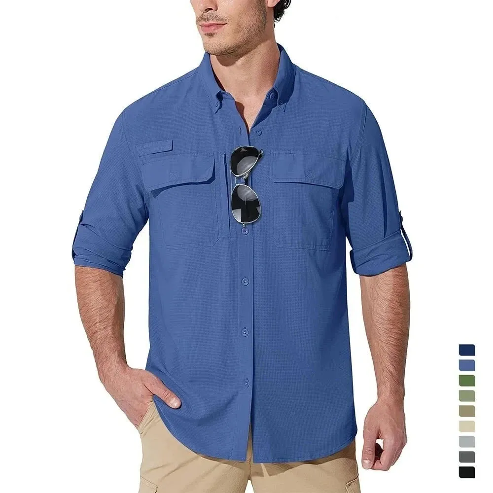Summer Mens Chest Pocket Work Shirts With Zip Pockets Casual Mens Long Sleeve Lightweight Quick Dry  Hiking Shirts