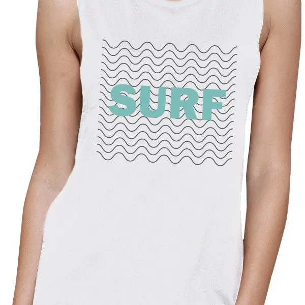 Surf Waves Womens White Muscle Tank Top Cool Summer Cotton Tanks