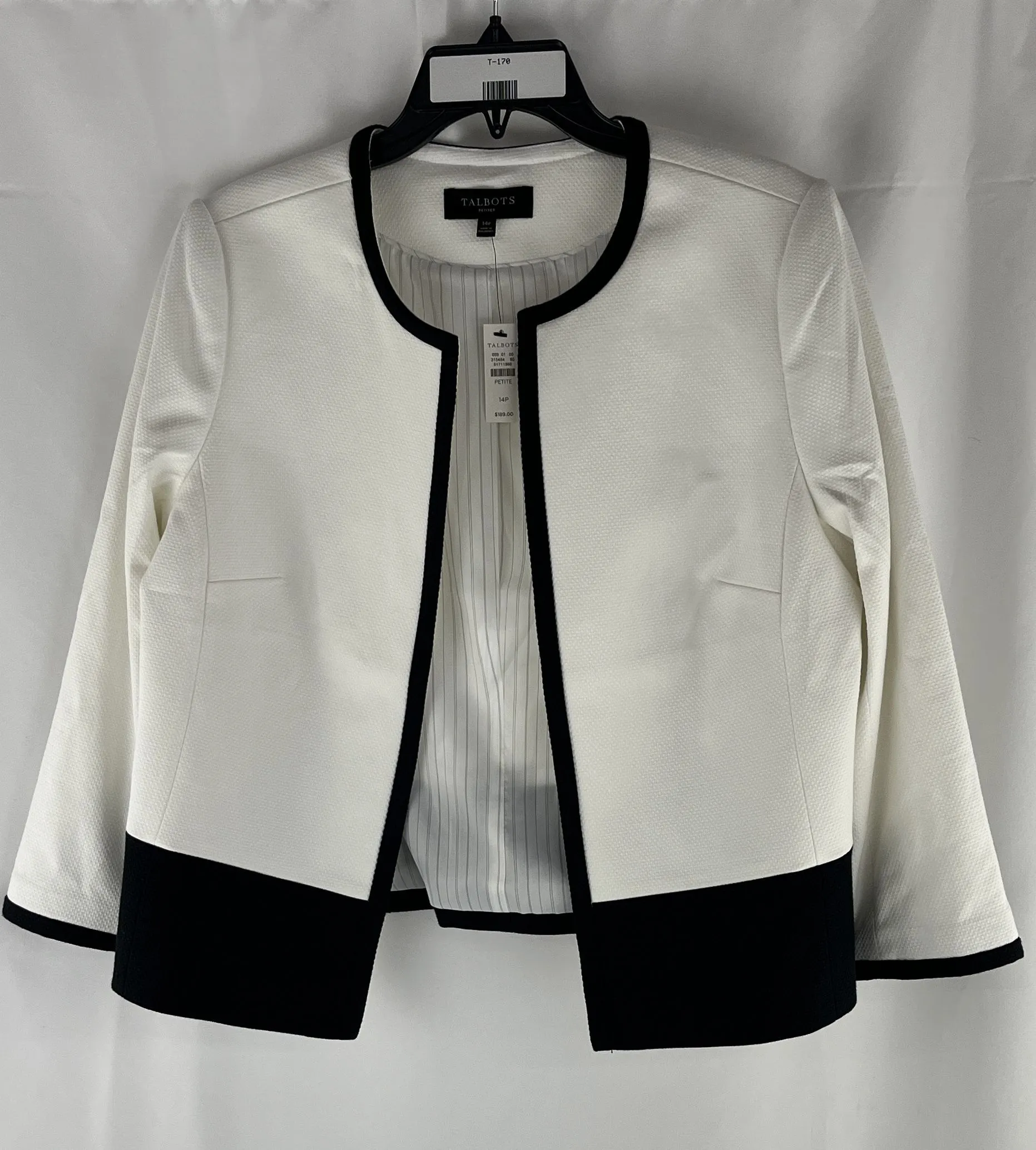 Talbot's Women's White Black Trimmed Formal Jacket Blazer Size 14P NWT