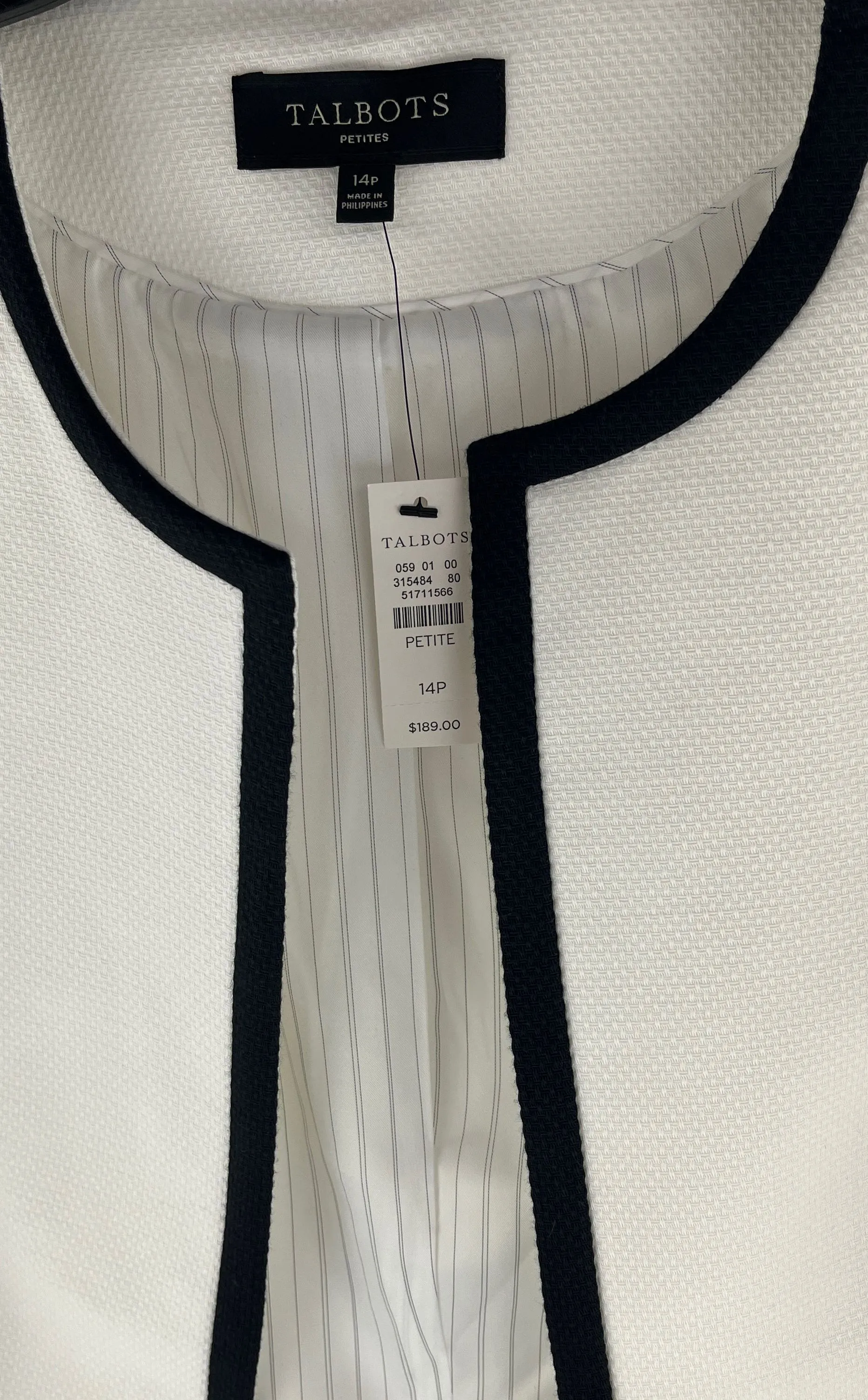 Talbot's Women's White Black Trimmed Formal Jacket Blazer Size 14P NWT