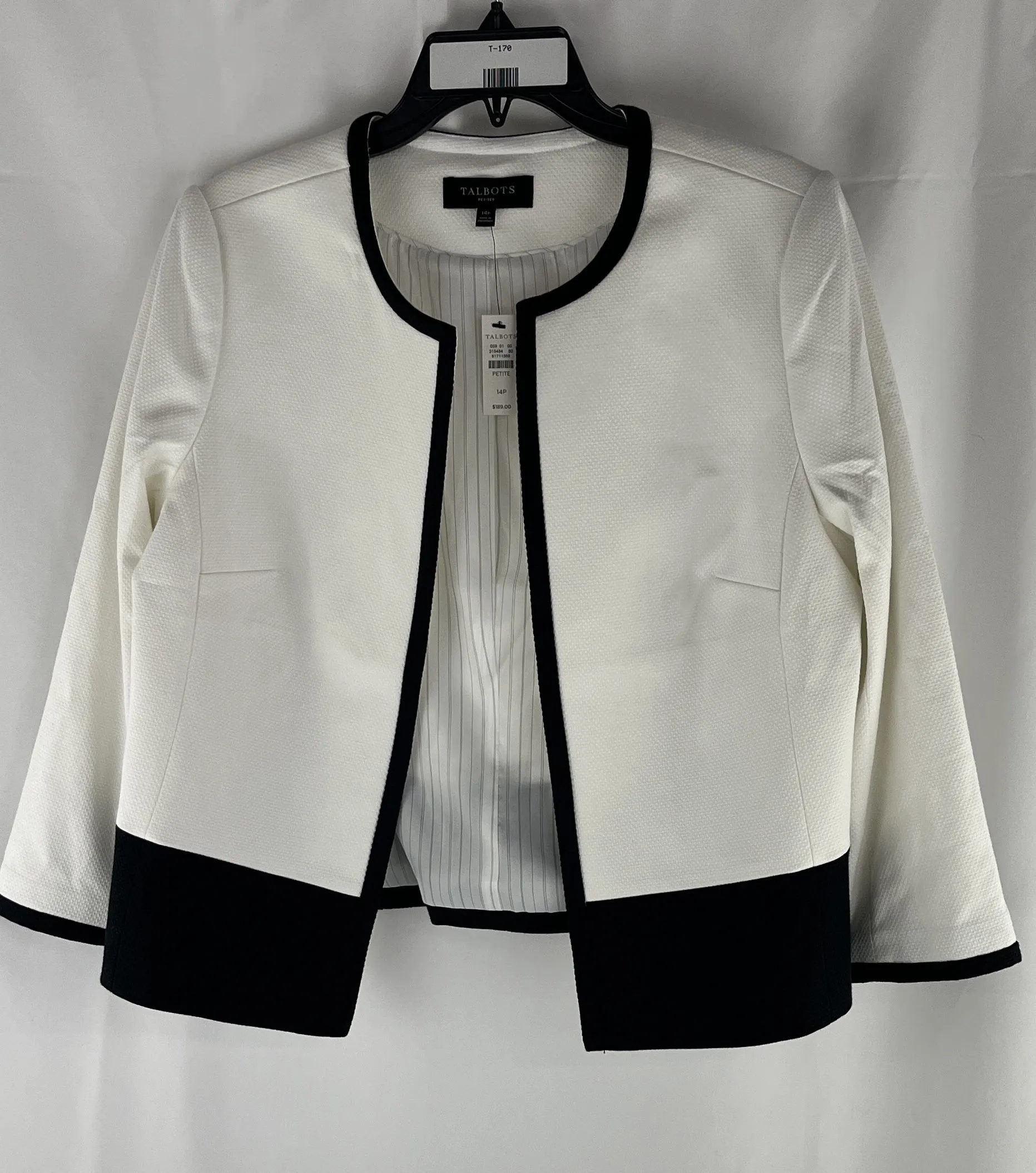 Talbot's Women's White Black Trimmed Formal Jacket Blazer Size 14P NWT