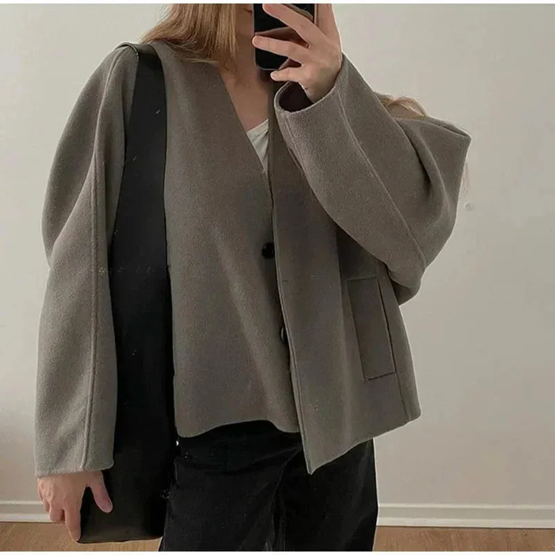 TAVIMART  -  Vintage Solid Single Breasted Short Coats Women Casual Long Sleeves V Neck Crop Jackets Autumn Chic Lady Commuter Outerwear