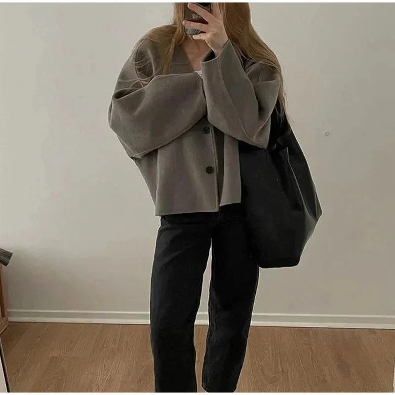 TAVIMART  -  Vintage Solid Single Breasted Short Coats Women Casual Long Sleeves V Neck Crop Jackets Autumn Chic Lady Commuter Outerwear