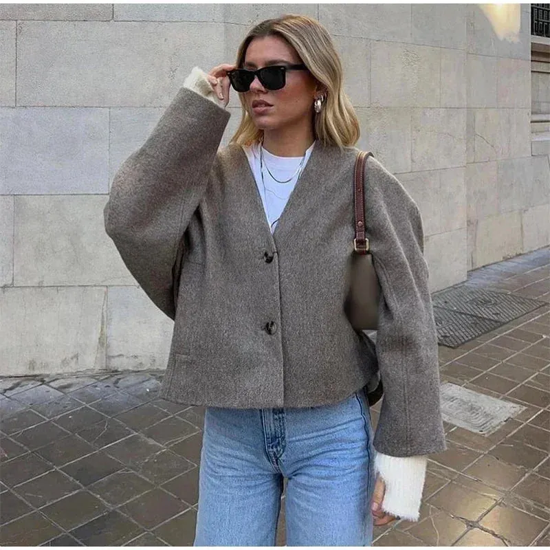 TAVIMART  -  Vintage Solid Single Breasted Short Coats Women Casual Long Sleeves V Neck Crop Jackets Autumn Chic Lady Commuter Outerwear