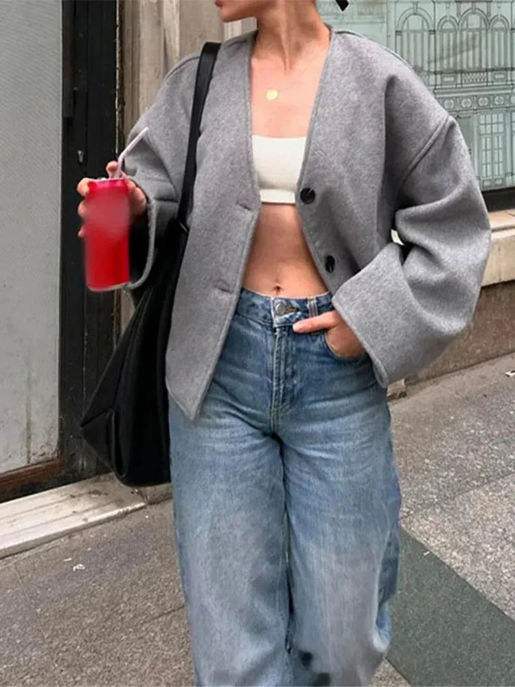 TAVIMART  -  Vintage Solid Single Breasted Short Coats Women Casual Long Sleeves V Neck Crop Jackets Autumn Chic Lady Commuter Outerwear