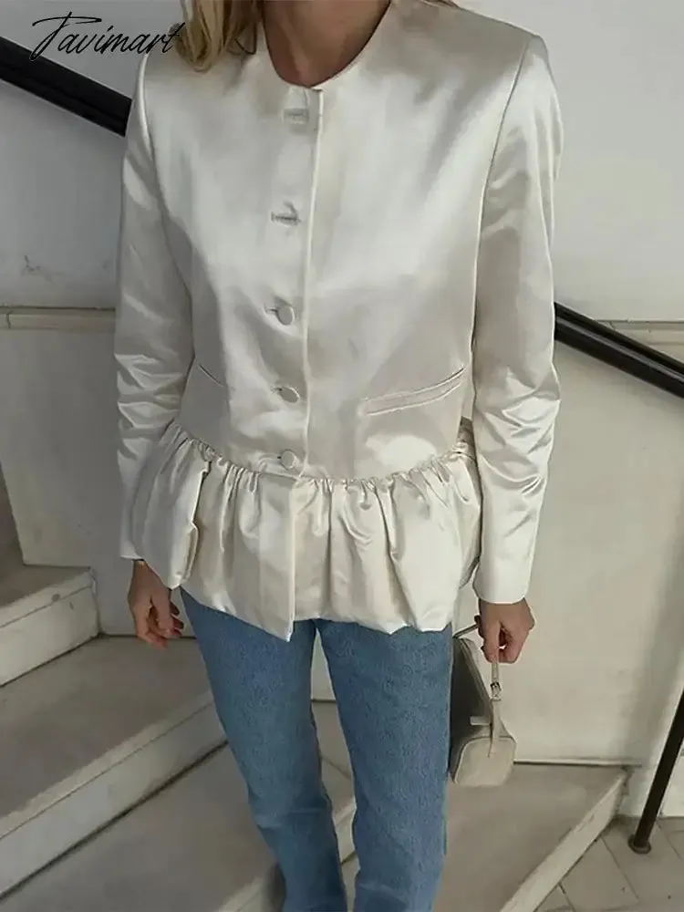 TAVIMART  Women Elegant Round Neck Ruffled Hem Coat Long Sleeved Single Breasted Slim Short Jackets 2024 New Fashion Lady Commuter Outwear