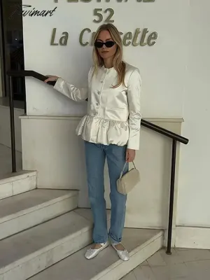 TAVIMART  Women Elegant Round Neck Ruffled Hem Coat Long Sleeved Single Breasted Slim Short Jackets 2024 New Fashion Lady Commuter Outwear