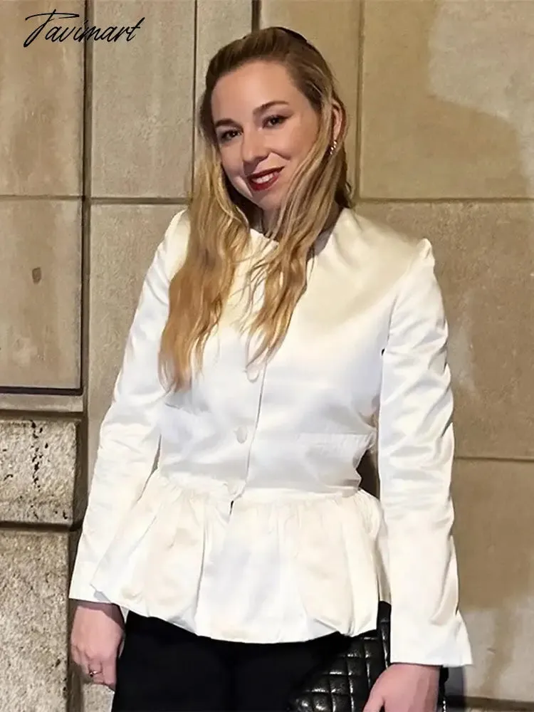 TAVIMART  Women Elegant Round Neck Ruffled Hem Coat Long Sleeved Single Breasted Slim Short Jackets 2024 New Fashion Lady Commuter Outwear