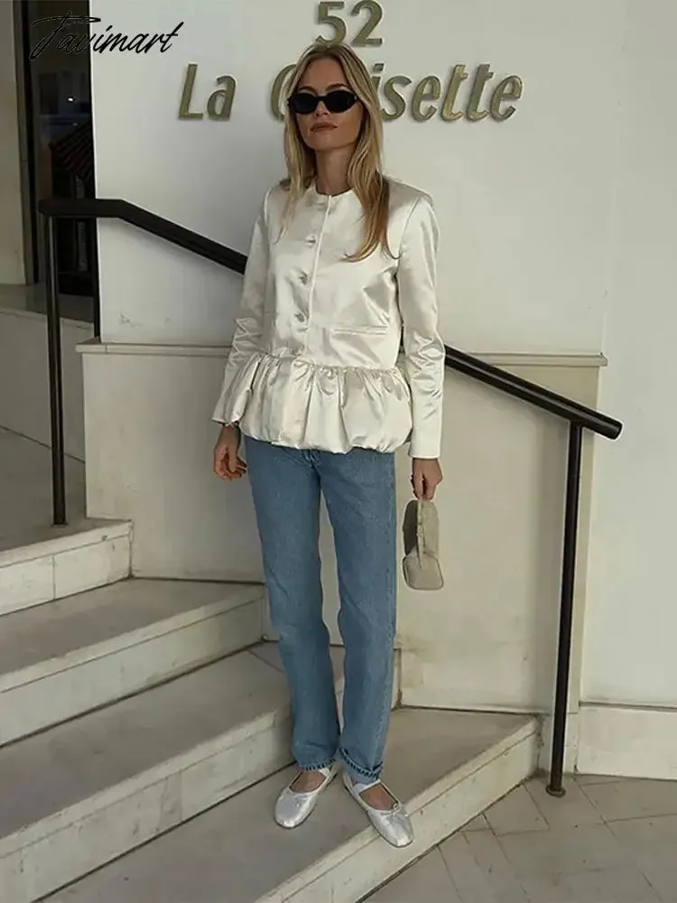 TAVIMART  Women Elegant Round Neck Ruffled Hem Coat Long Sleeved Single Breasted Slim Short Jackets 2024 New Fashion Lady Commuter Outwear