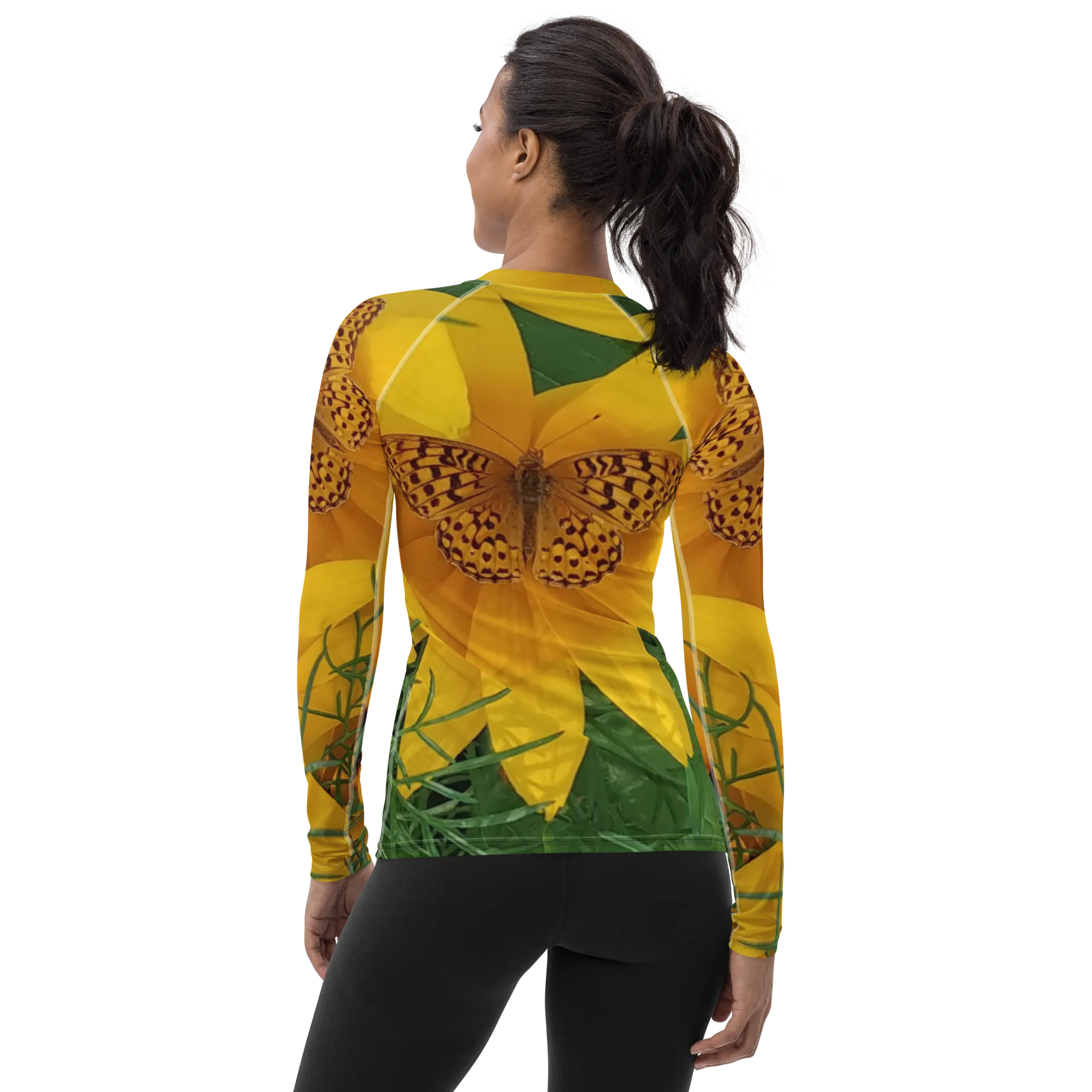 The FLOWER LOVE Collection - "Butterfly Beauty" Design Luxurious Women's Rash Guard, Sun Protective Clothing, Sports & Fitness Clothing