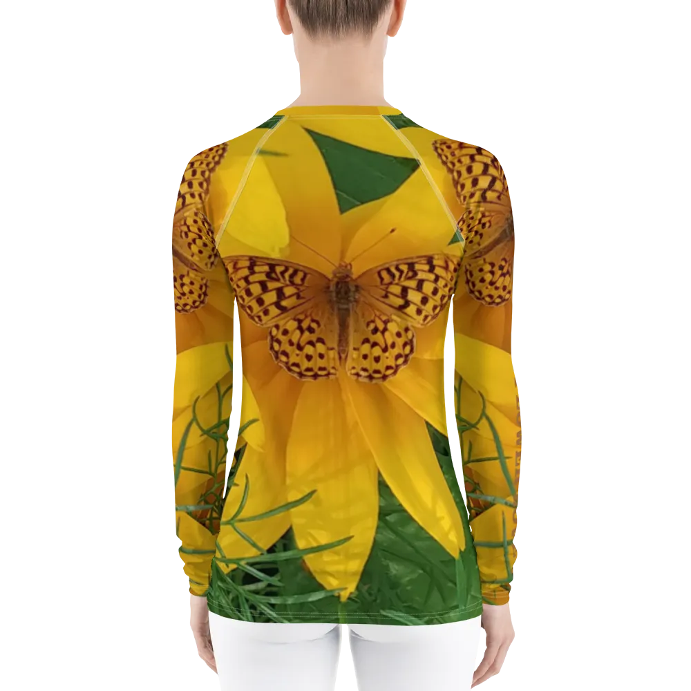 The FLOWER LOVE Collection - "Butterfly Beauty" Design Luxurious Women's Rash Guard, Sun Protective Clothing, Sports & Fitness Clothing