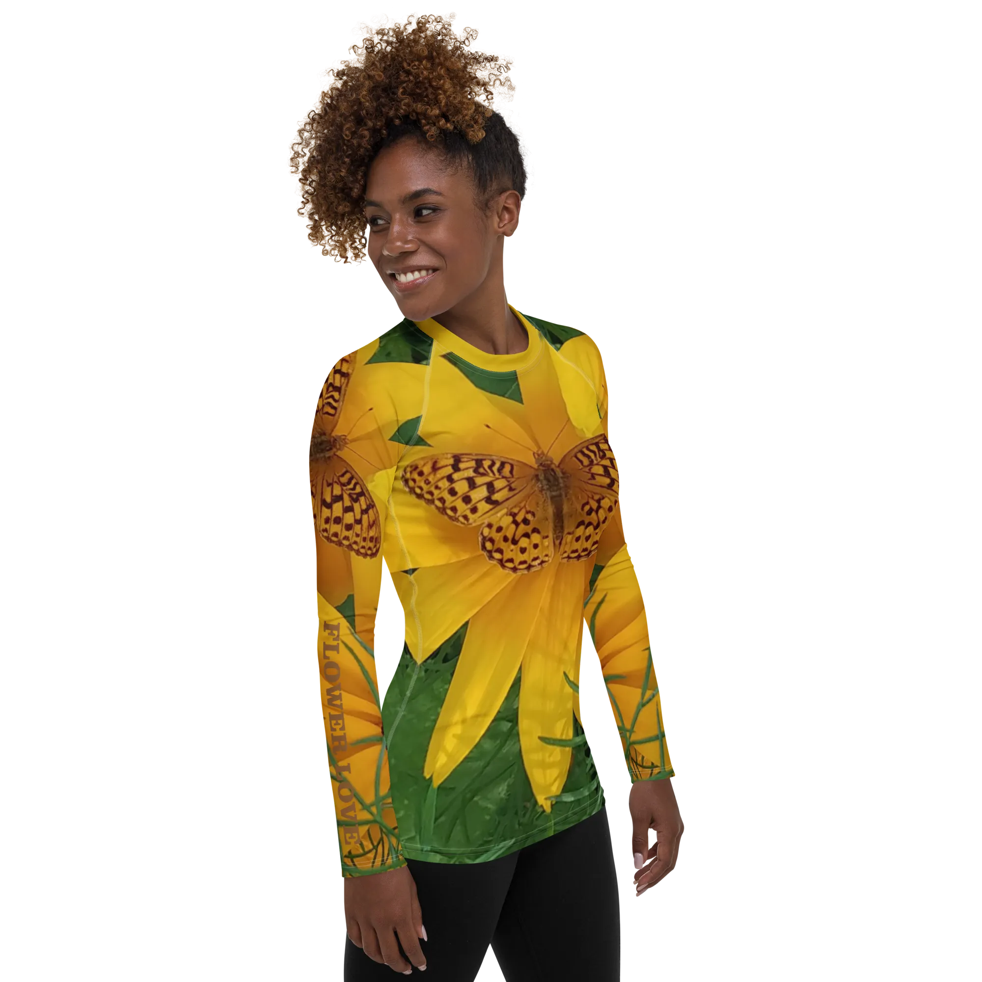 The FLOWER LOVE Collection - "Butterfly Beauty" Design Luxurious Women's Rash Guard, Sun Protective Clothing, Sports & Fitness Clothing