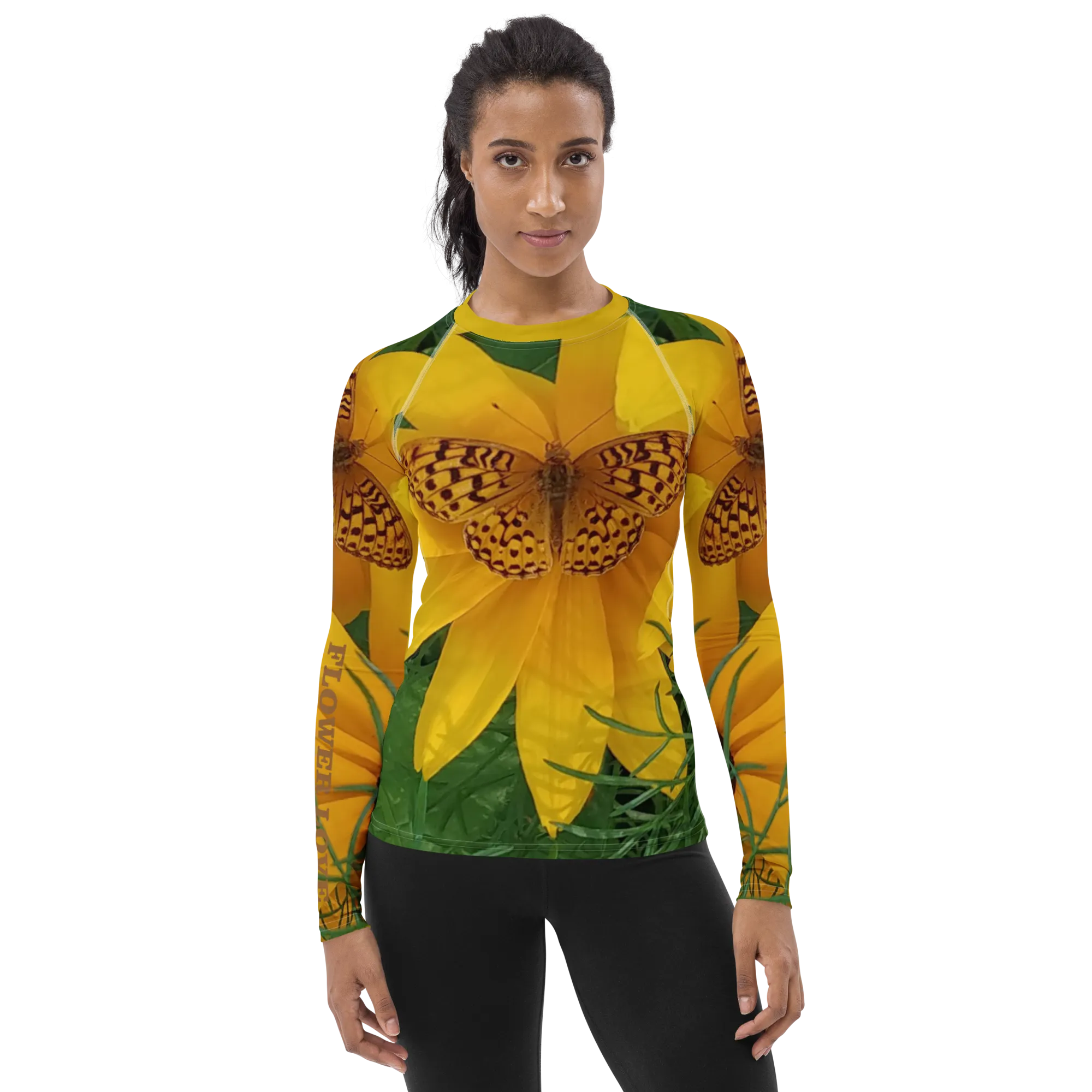 The FLOWER LOVE Collection - "Butterfly Beauty" Design Luxurious Women's Rash Guard, Sun Protective Clothing, Sports & Fitness Clothing