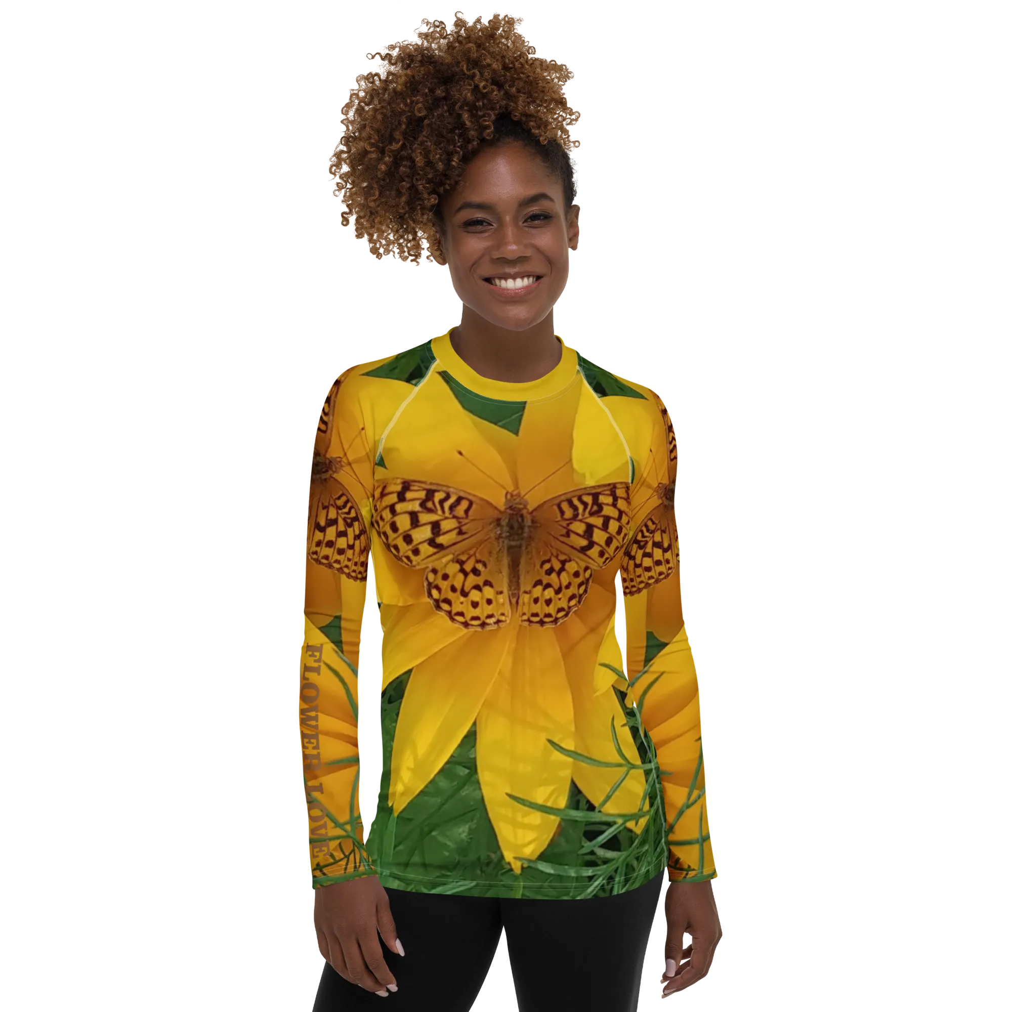 The FLOWER LOVE Collection - "Butterfly Beauty" Design Luxurious Women's Rash Guard, Sun Protective Clothing, Sports & Fitness Clothing