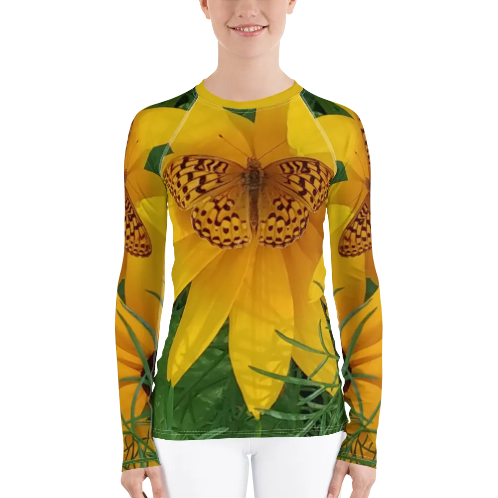 The FLOWER LOVE Collection - "Butterfly Beauty" Design Luxurious Women's Rash Guard, Sun Protective Clothing, Sports & Fitness Clothing