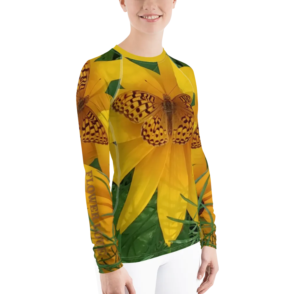 The FLOWER LOVE Collection - "Butterfly Beauty" Design Luxurious Women's Rash Guard, Sun Protective Clothing, Sports & Fitness Clothing