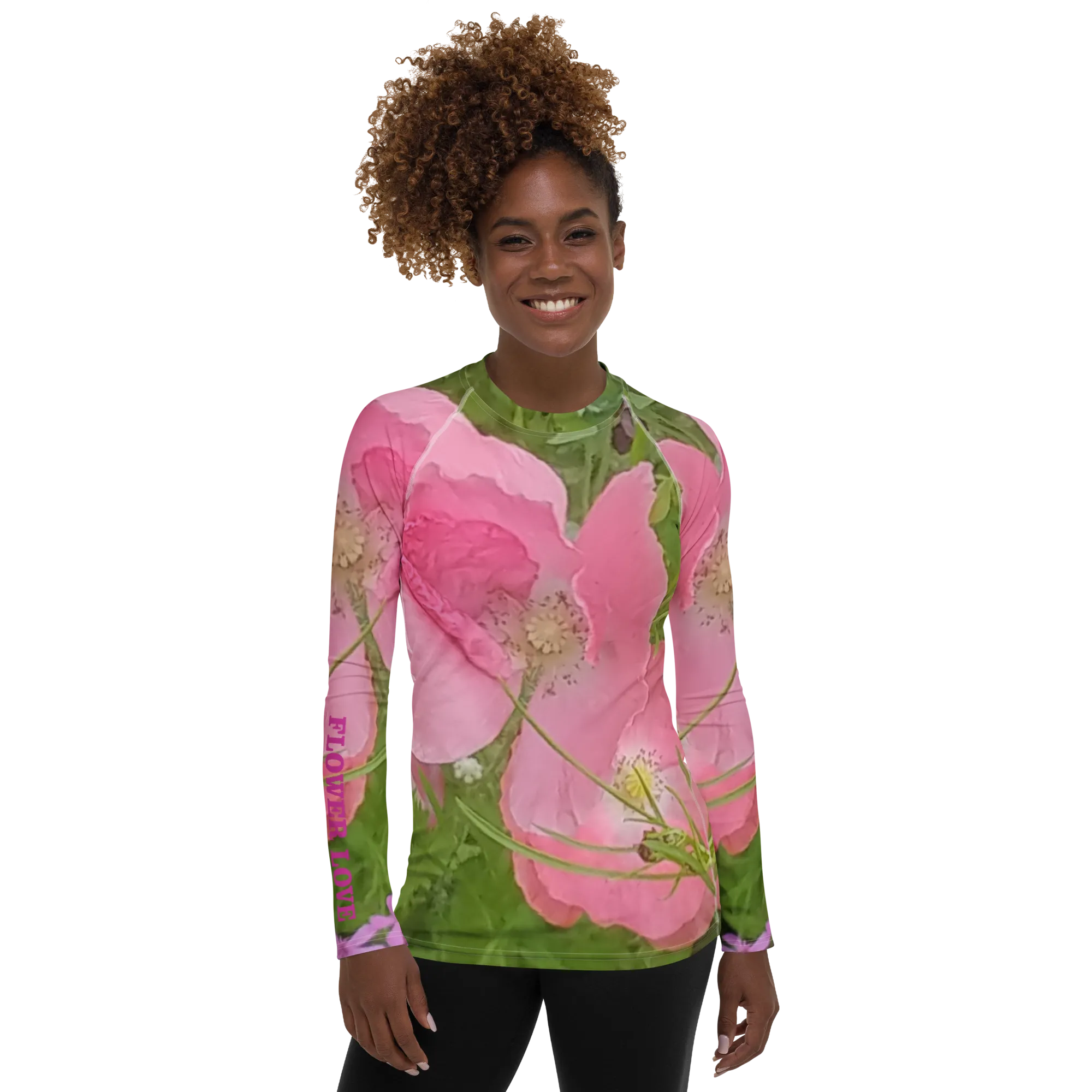The FLOWER LOVE Collection - "Pretty Pink Poppies" Design Luxurious Women's Rash Guard, Sun Protective Clothing, Sports & Fitness Clothing