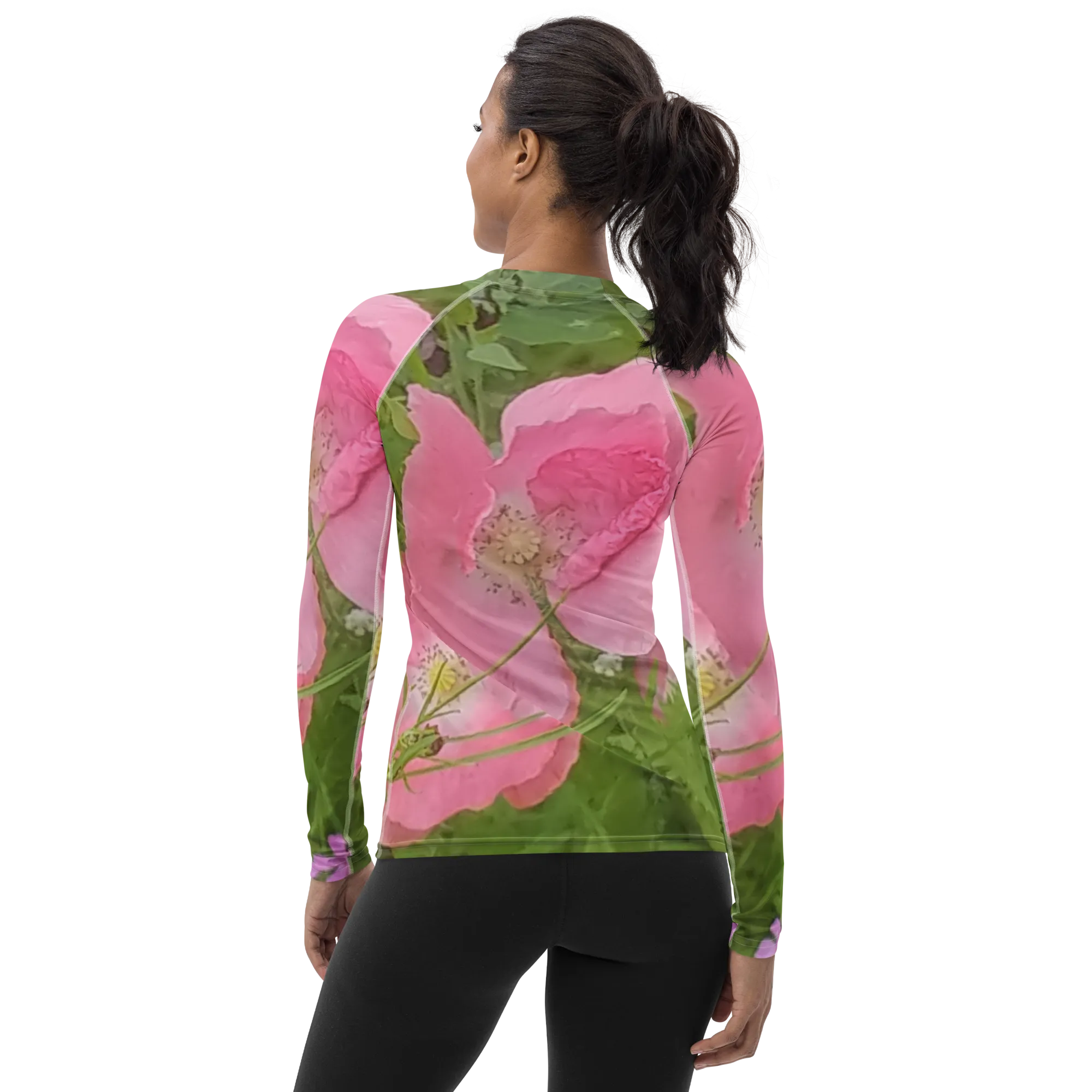 The FLOWER LOVE Collection - "Pretty Pink Poppies" Design Luxurious Women's Rash Guard, Sun Protective Clothing, Sports & Fitness Clothing