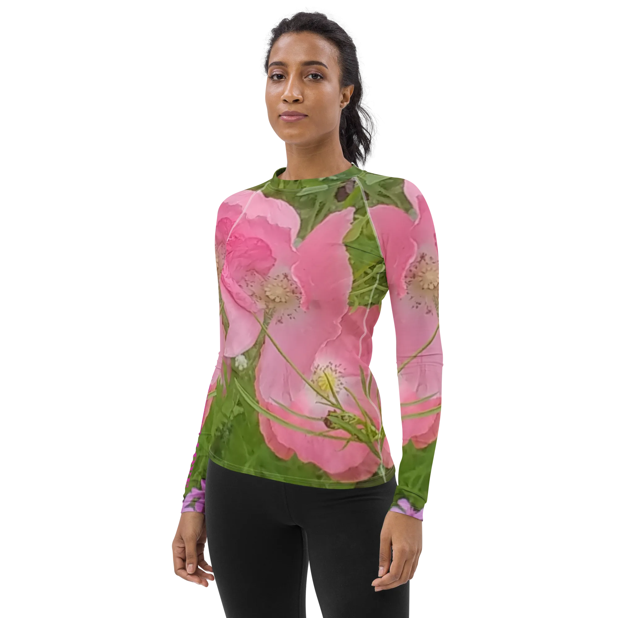 The FLOWER LOVE Collection - "Pretty Pink Poppies" Design Luxurious Women's Rash Guard, Sun Protective Clothing, Sports & Fitness Clothing