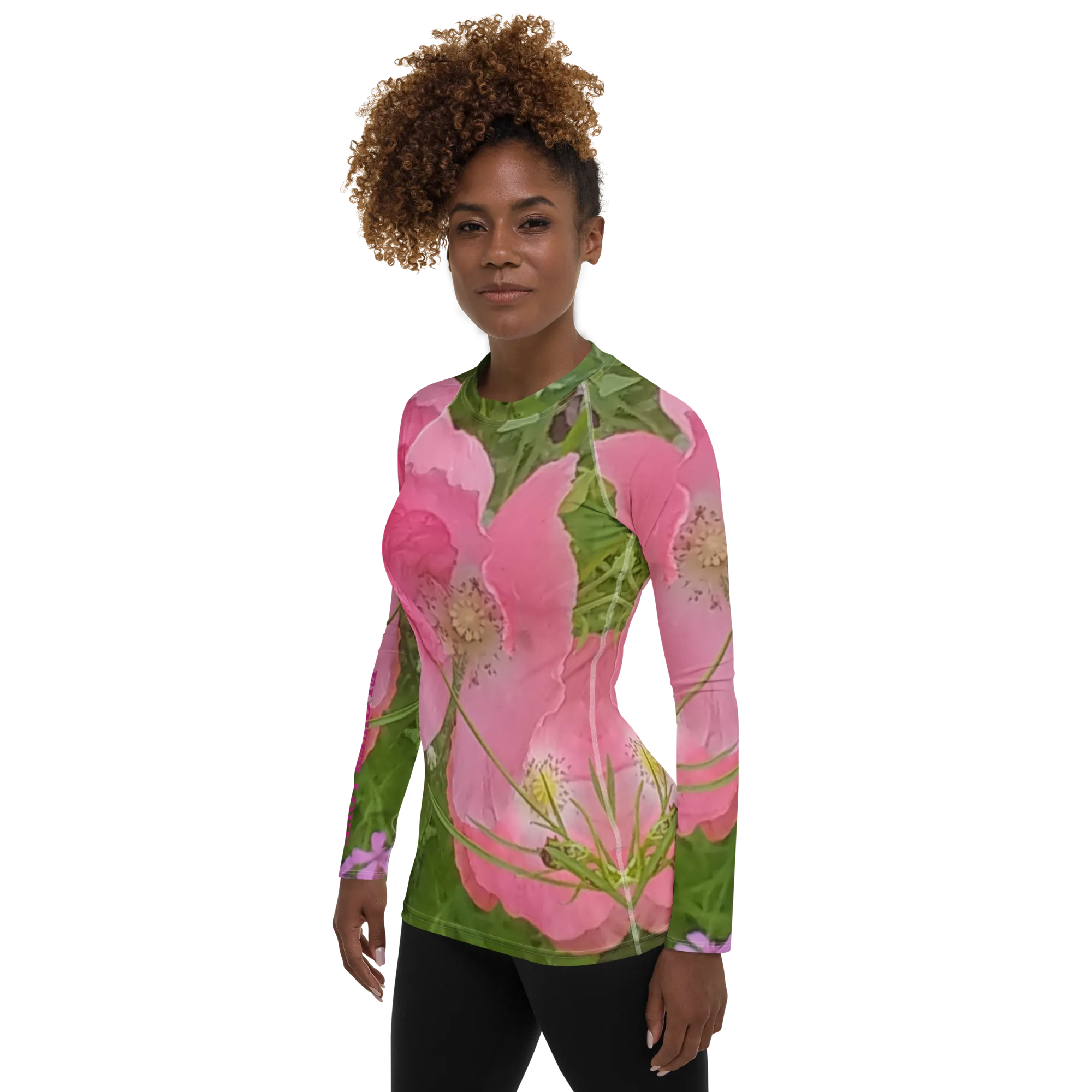 The FLOWER LOVE Collection - "Pretty Pink Poppies" Design Luxurious Women's Rash Guard, Sun Protective Clothing, Sports & Fitness Clothing