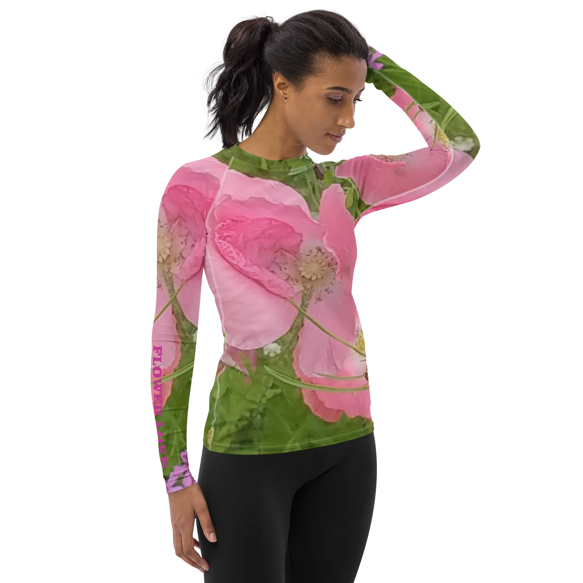The FLOWER LOVE Collection - "Pretty Pink Poppies" Design Luxurious Women's Rash Guard, Sun Protective Clothing, Sports & Fitness Clothing