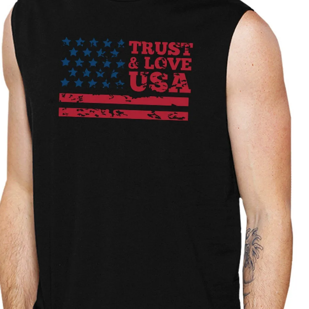 Trust & Love USA Mens Black Muscle Tanks Round Neck Line Cotton