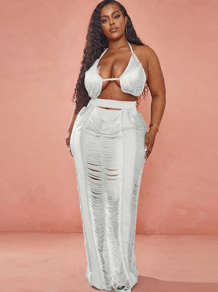 Two Piece Tassel Tops & HolLow Out Maxi Skrits