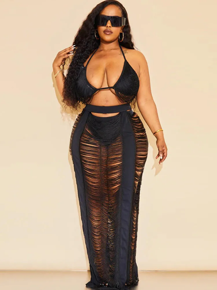 Two Piece Tassel Tops & HolLow Out Maxi Skrits