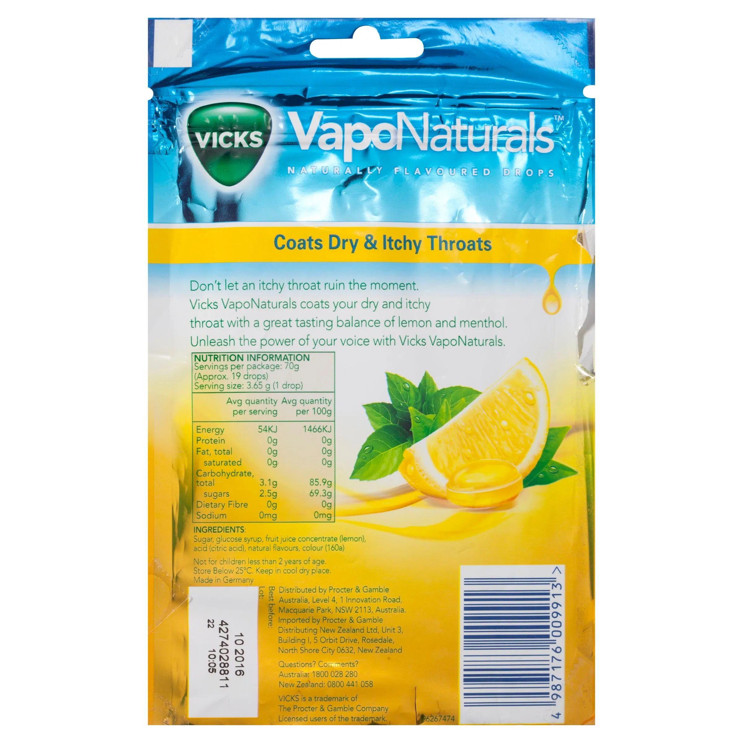 Vicks VapoNaturals Lemon Menthol Flavoured Drops 19 Naturally Flavoured Drops 70g Resealable Bag