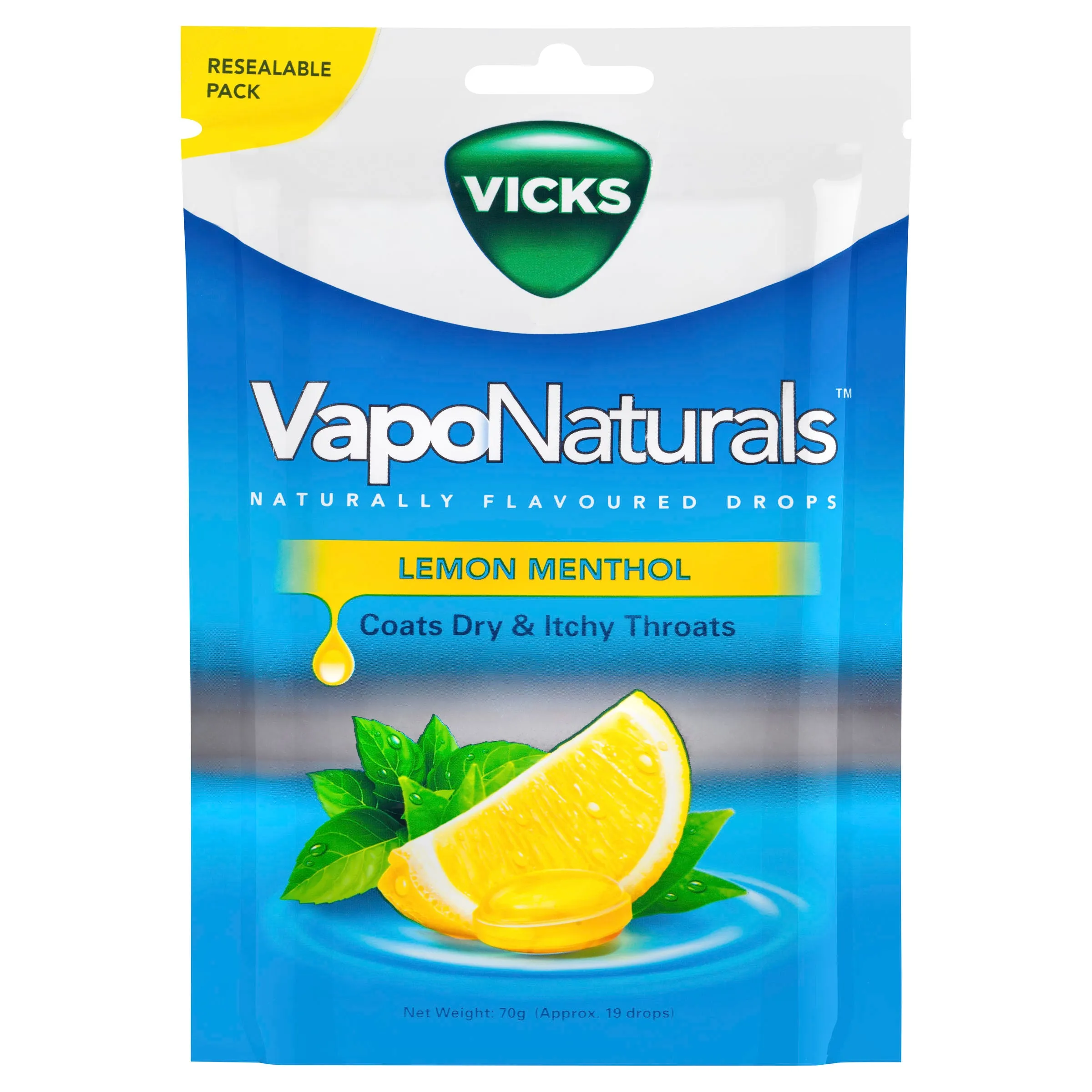 Vicks VapoNaturals Lemon Menthol Flavoured Drops 19 Naturally Flavoured Drops 70g Resealable Bag