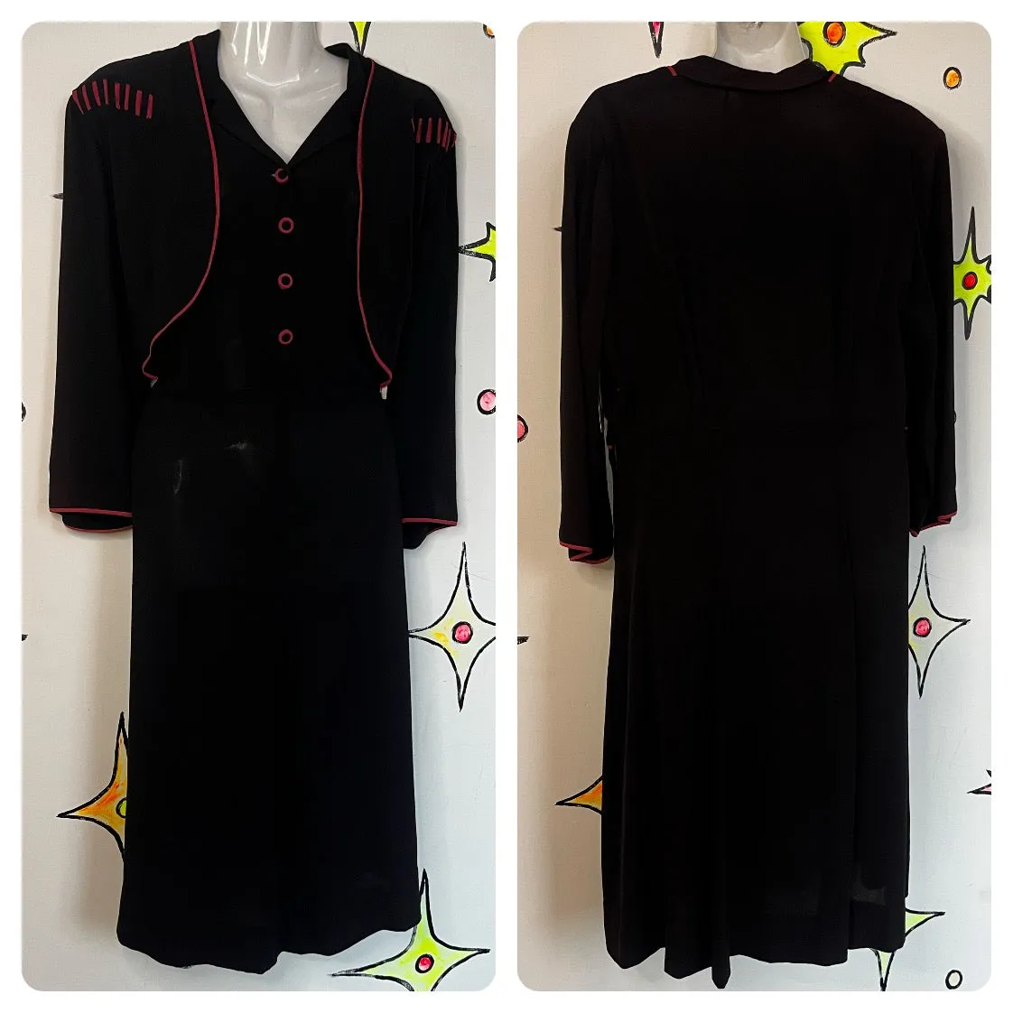 Vintage 1940s | Black Dress with Pink Trim and Buttons | Size L - XL