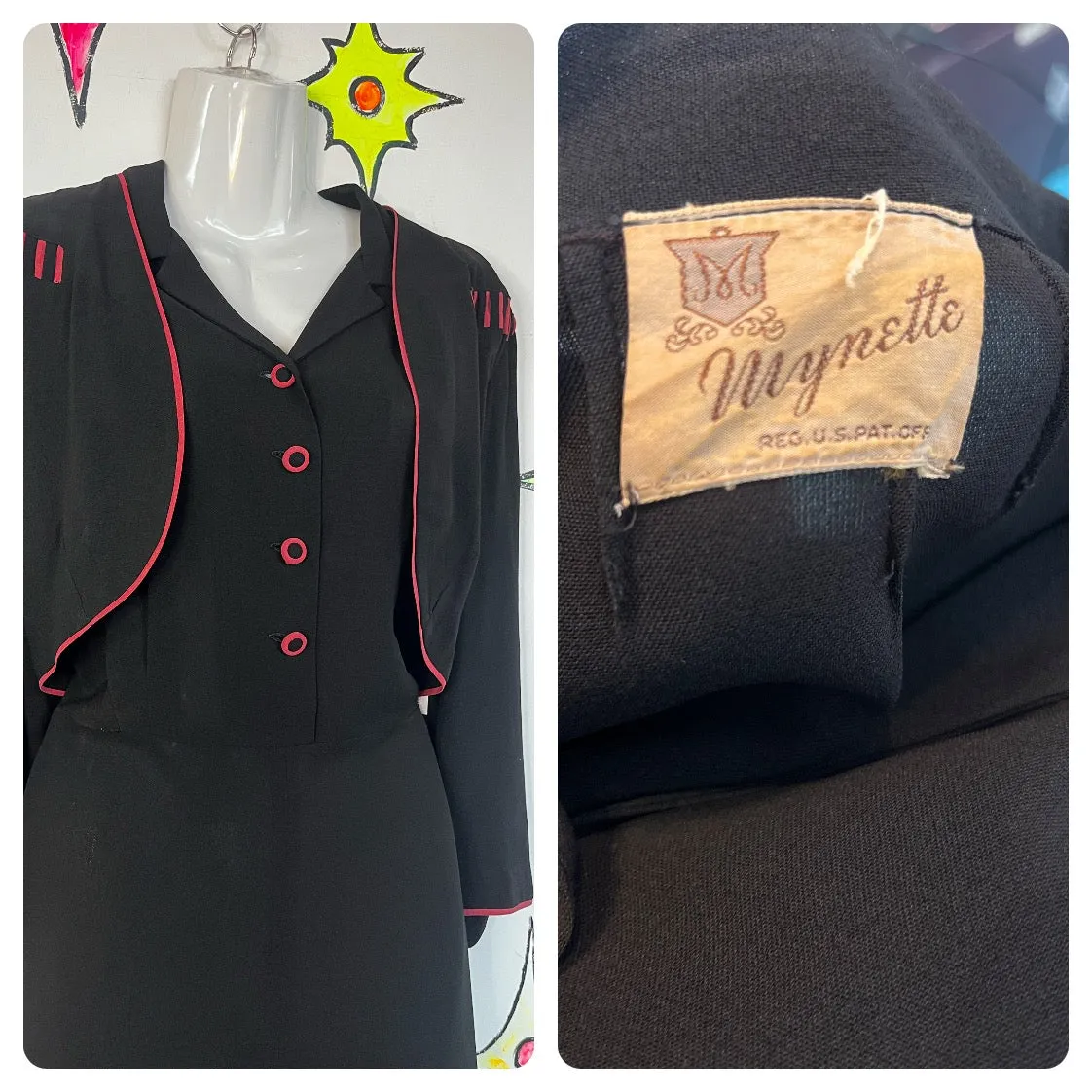Vintage 1940s | Black Dress with Pink Trim and Buttons | Size L - XL