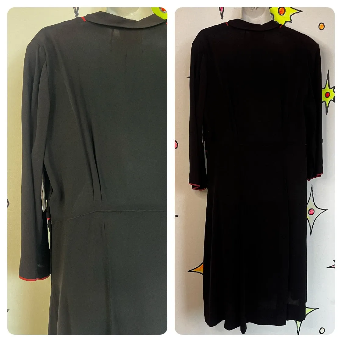 Vintage 1940s | Black Dress with Pink Trim and Buttons | Size L - XL
