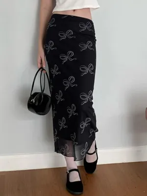 Vintage Frill Bow Printed Mesh Skirt