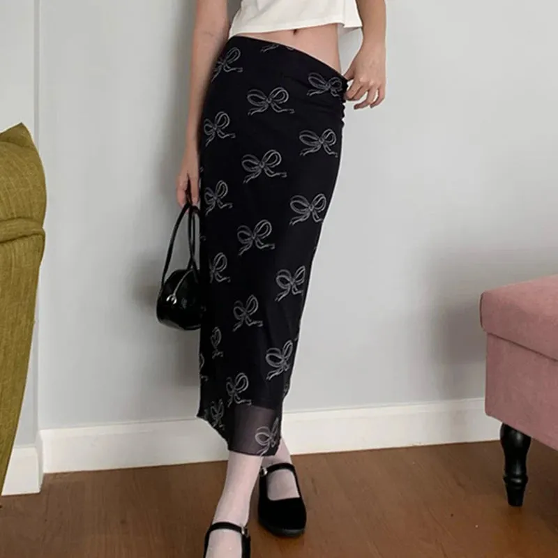 Vintage Frill Bow Printed Mesh Skirt