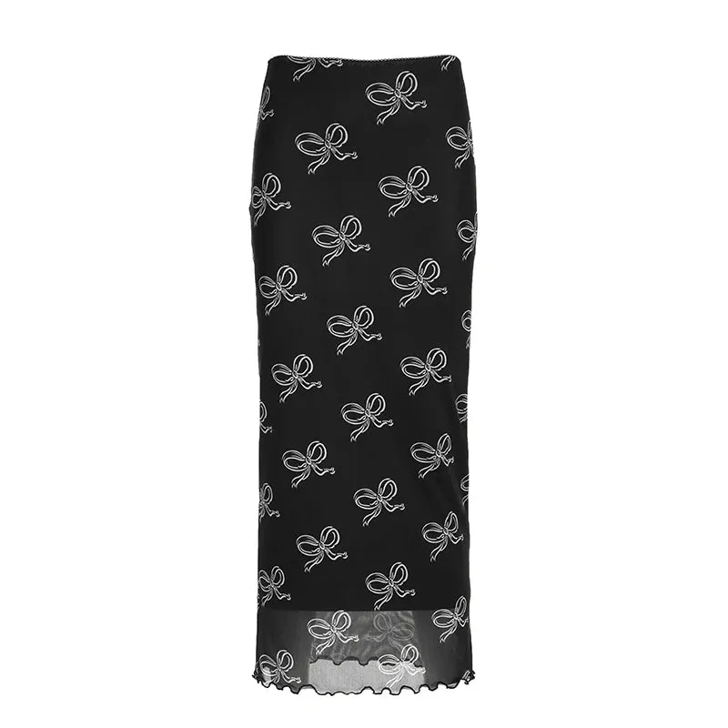 Vintage Frill Bow Printed Mesh Skirt
