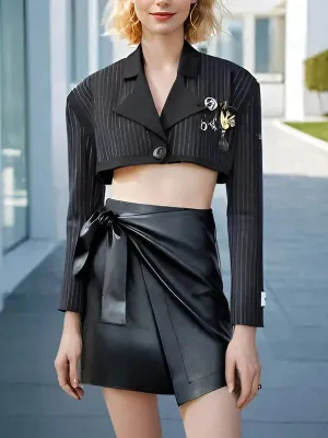 Wenkouban-Winter outfits Christmas Badge Pendant Back Metal Ring Striped Cropped Blazer